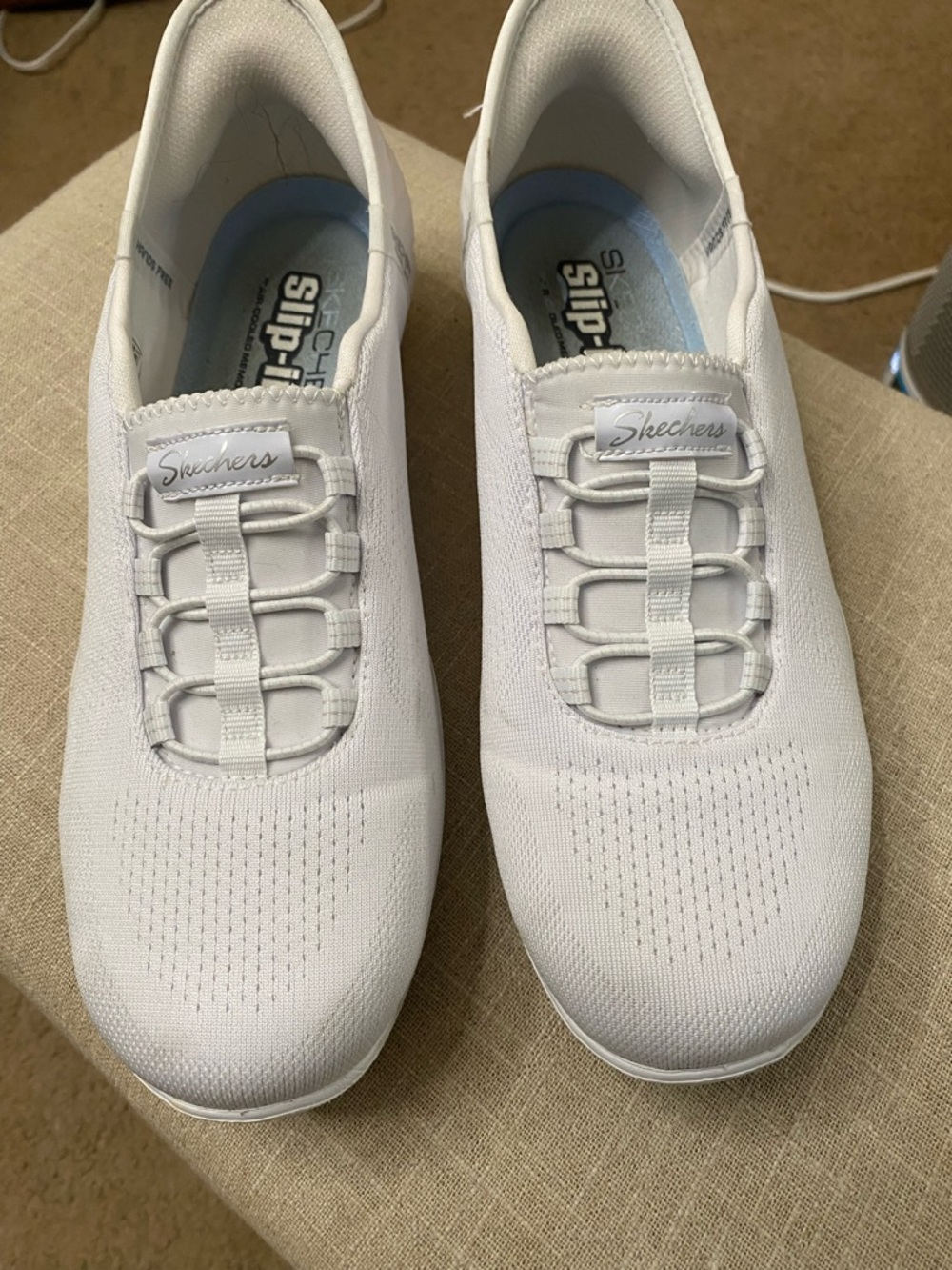 Skechers Women's White Slip-On Athletic Sneakers with Elastic Laces